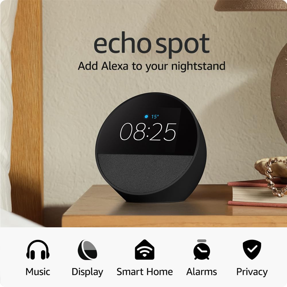 Amazon Echo Spot (Newest Gen) Smart Alarm Clock with Alexa | Bluetooth & Wi-Fi Smart Speaker | Black